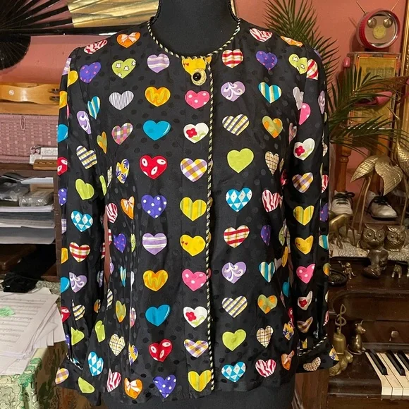 Maggy London Vintage 80s silk collarless blouse with multicolor heart design - Picture 1 of 3